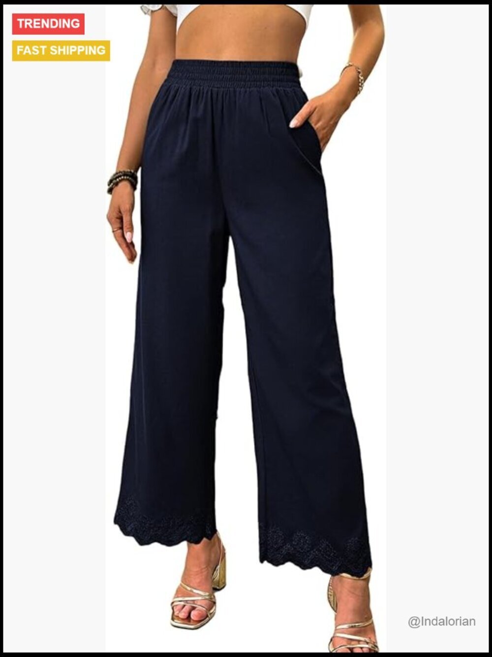 Wide Leg Pants with Pockets Elastic Waist High Rise Trousers